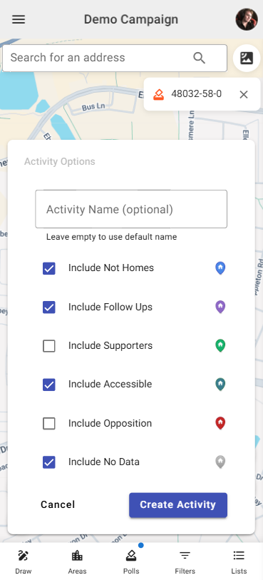JustCanvass mobile interface for creating new canvassing activities with area selection and volunteer assignment