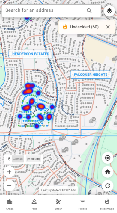 JustCanvass heat map visualization showing voter engagement levels across different neighborhoods in Alberta