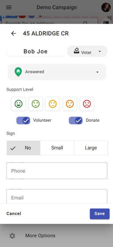JustCanvass voter interaction interface for recording door-to-door conversations and political preferences