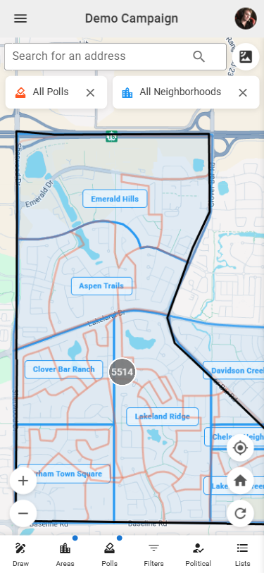 JustCanvass campaign map overview showing Edmonton area with color-coded canvassing zones and voter interaction data