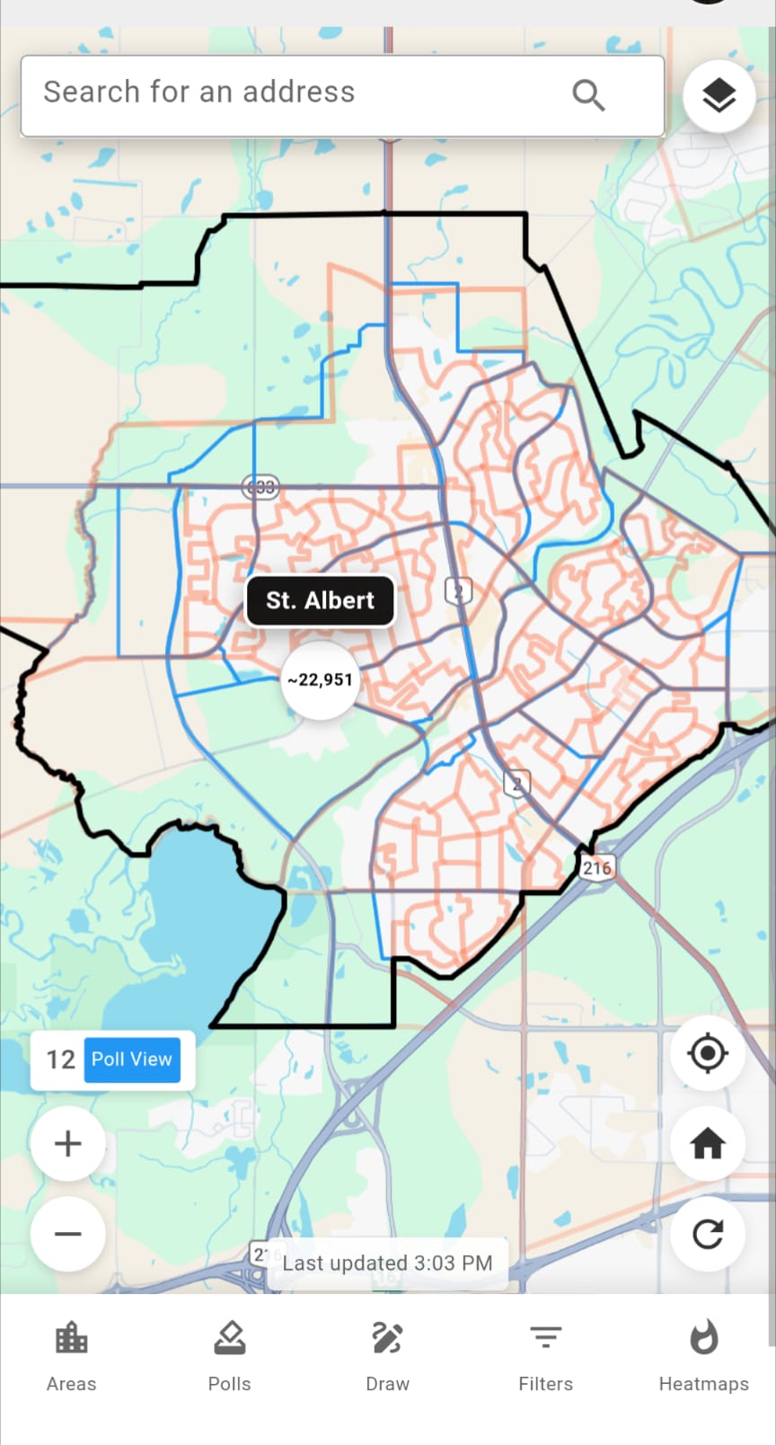 JustCanvass mobile app showing St. Albert municipal election campaign map with canvassing areas and voter data